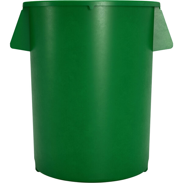 A green Carlisle commercial trash can with two handles.