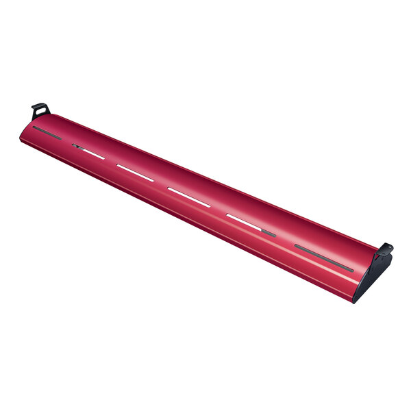 A red metal curved display light with holes in a long red tube.