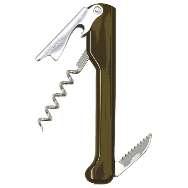 A Franmara Capitano corkscrew with a vineyard green handle with a corkscrew, bottle opener, and knife.