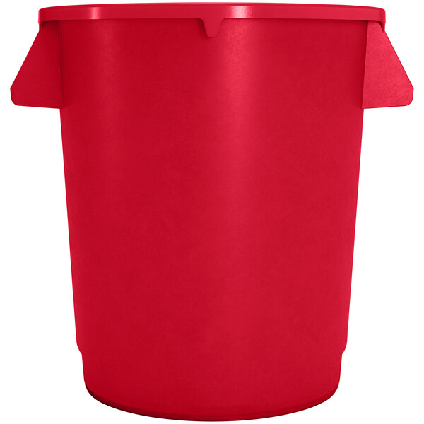 A red plastic Carlisle Bronco trash can with handles.