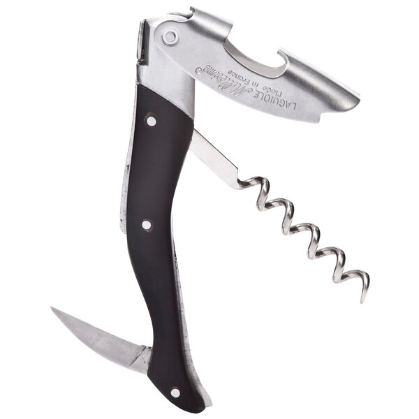 A Laguiole Millesime corkscrew with a black and silver design.