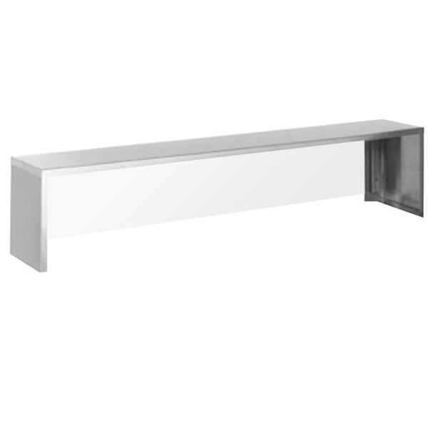 A long stainless steel serving shelf with a white surface.