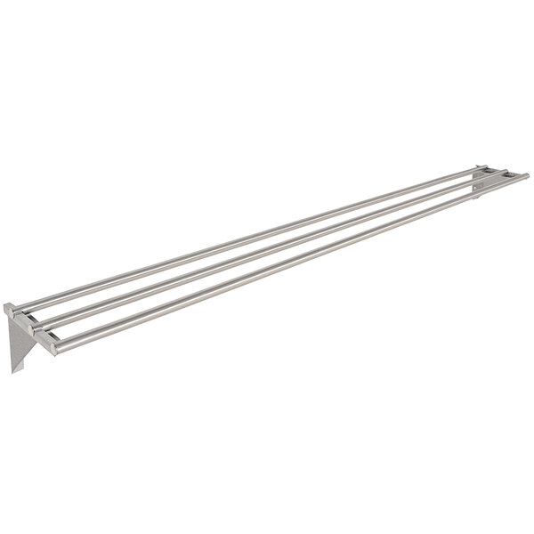A stainless steel tubular tray slide with stationary brackets with three metal bars.