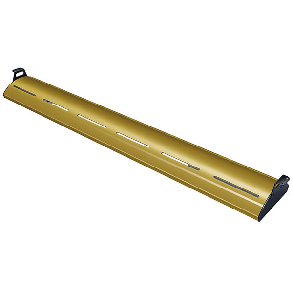 A long yellow Hatco curved display light tube with holes on a metal beam.