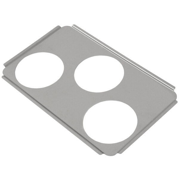 A grey metal adapter plate with three circles.