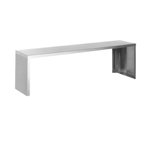 A long rectangular stainless steel serving shelf with legs.
