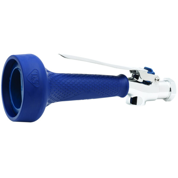 A blue and silver T&S JeTSpray nozzle with a blue and white plastic handle.