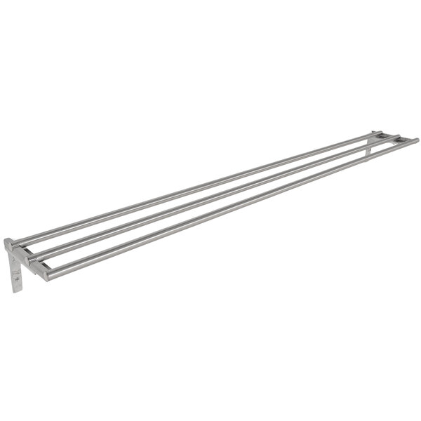 A stainless steel tubular tray slide with drop brackets for Eagle steam tables.