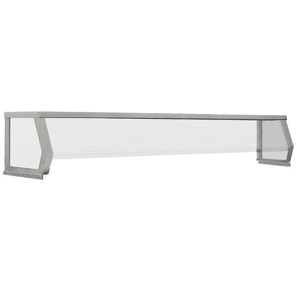 A stainless steel serving shelf with silver trim.