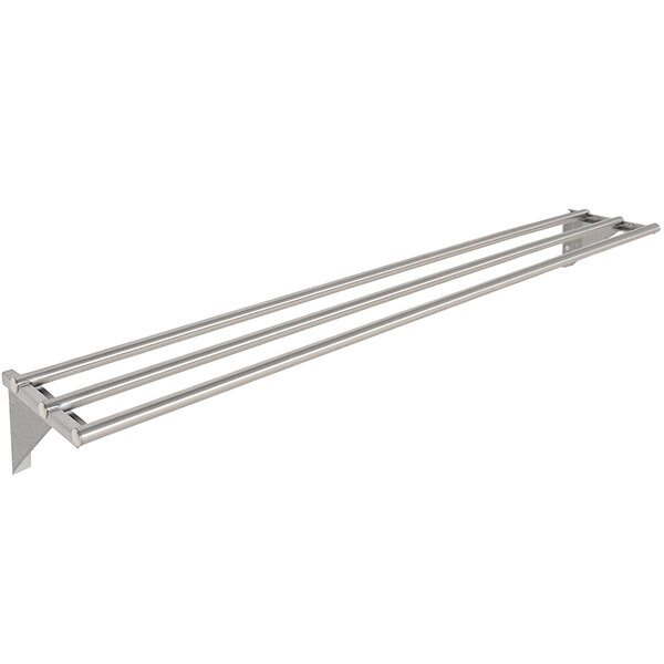 A stainless steel tubular tray slide with stationary brackets and three metal bars.