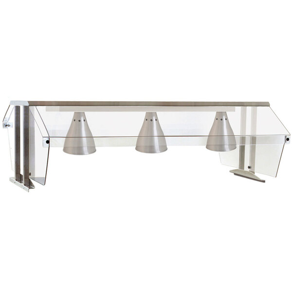 A stainless steel Eagle Group buffet shelf with double sneeze guard and infrared lamps.