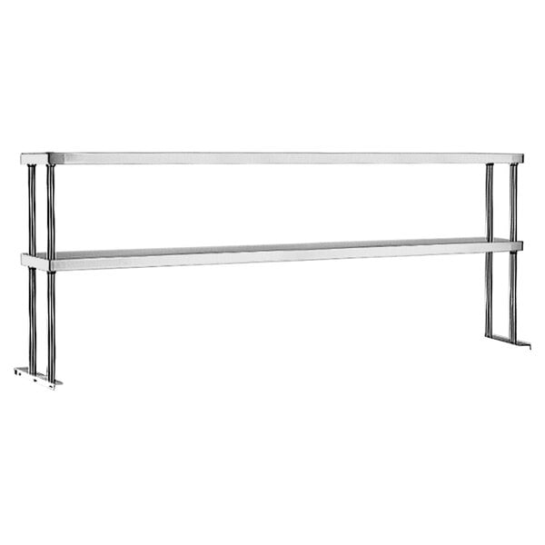 A stainless steel Eagle Group double deck overshelf with two legs.