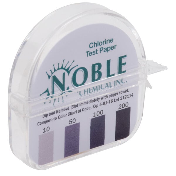 A Noble Chemical chlorine test paper dispenser in a plastic container with a label and chart.