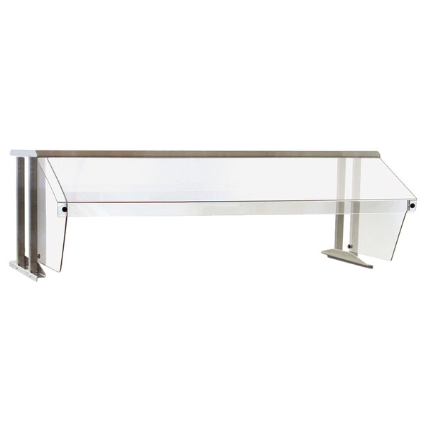 A stainless steel buffet shelf with a clear glass sneeze guard over it.