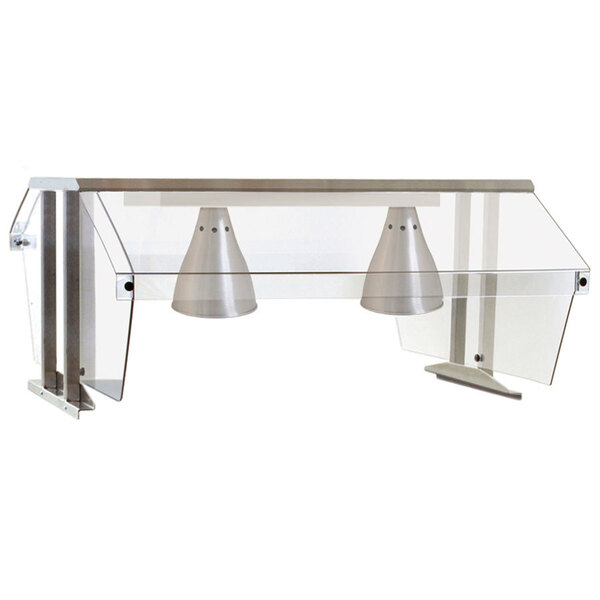A clear glass buffet shelf with double infrared lamps over it.