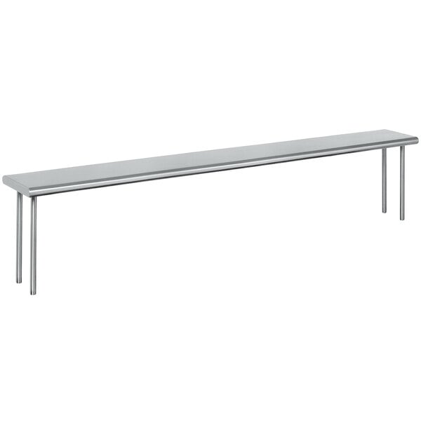 A long stainless steel rectangular shelf with legs.