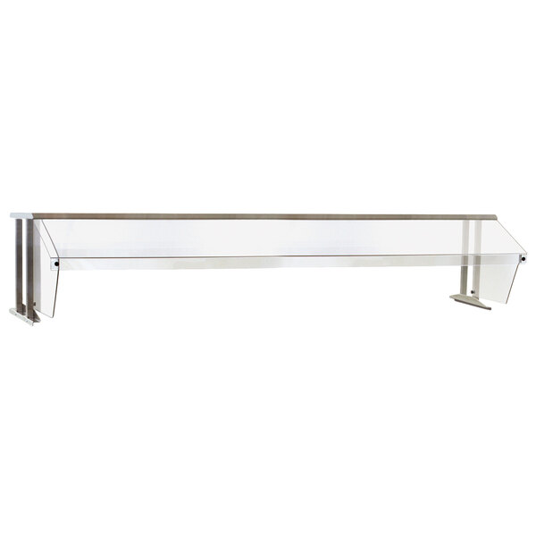 A stainless steel buffet shelf with infrared lamps and a sneeze guard.