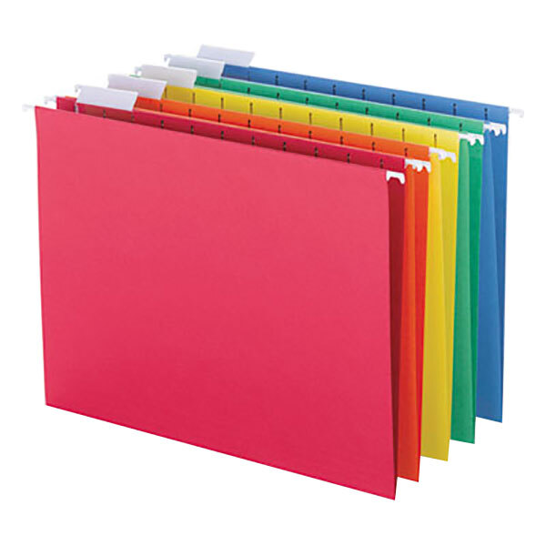 A box of 25 Smead letter size hanging file folders in assorted colors.