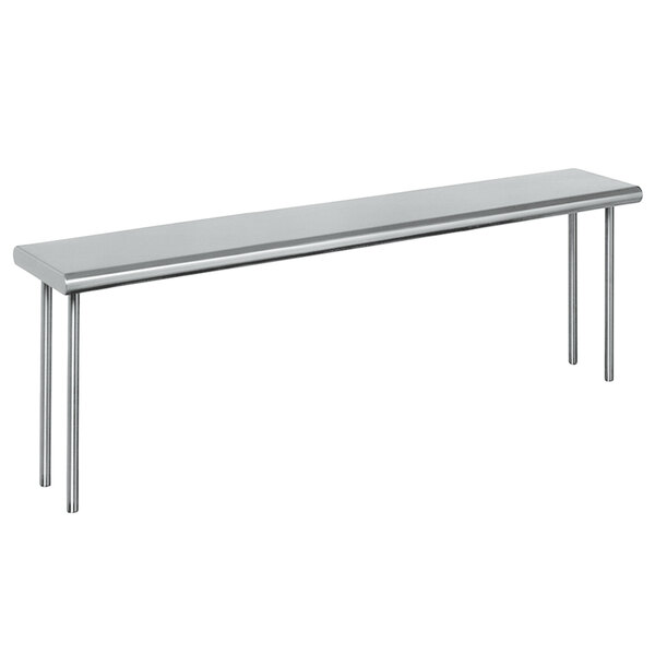 A stainless steel rectangular shelf with legs.