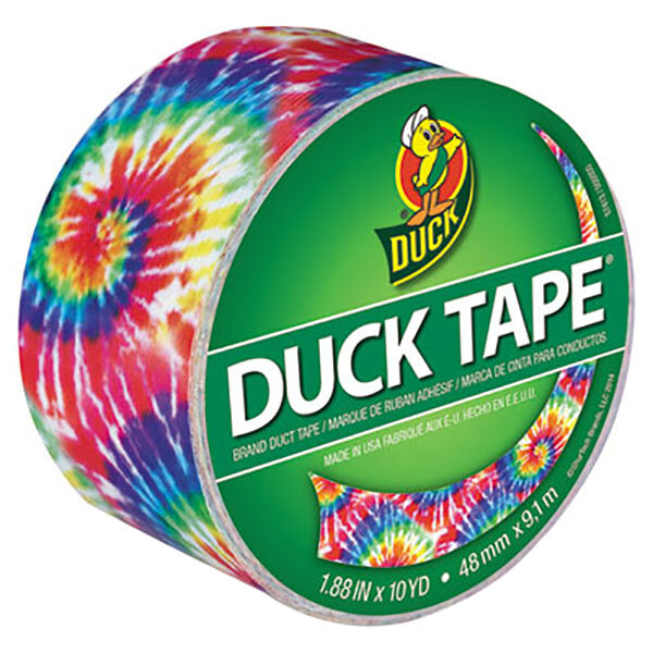 A roll of Duck Tape in tie dye with a green and white label featuring a logo of a duck.