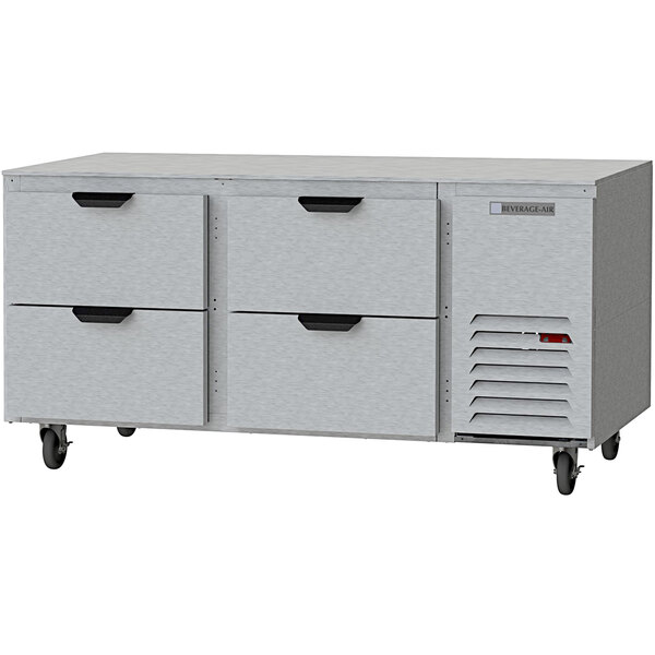 A grey metal Beverage-Air undercounter refrigerator with 4 drawers and black handles.