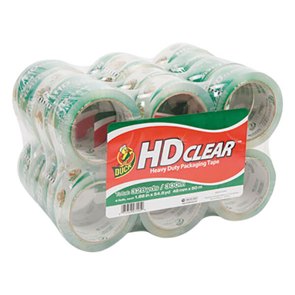 A pack of 24 clear heavy-duty carton packaging tape rolls with a duck HD clear label.