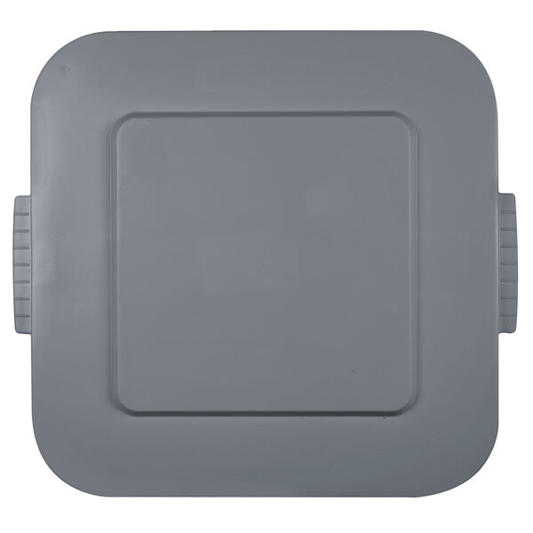 A grey square Rubbermaid lid with two handles.