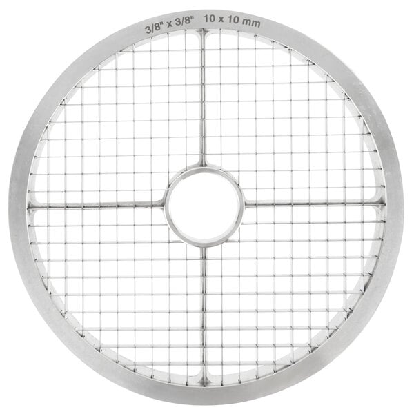 A round metal Hobart dicing grid with a grid on it.