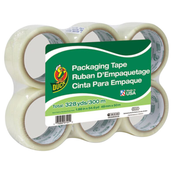 A group of 6 clear packaging tape rolls with a Duck brand logo.