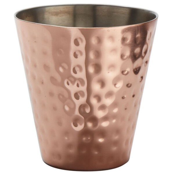 An American Metalcraft hammered copper tumbler with a textured surface.