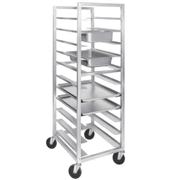 A Channel UTR-11 aluminum steam table pan rack holding metal trays.