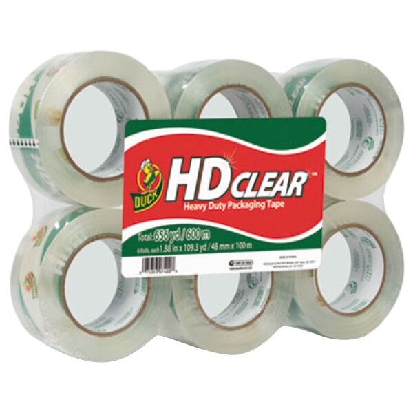 A roll of Duck HD Clear heavy-duty carton packaging tape with a red and white label.
