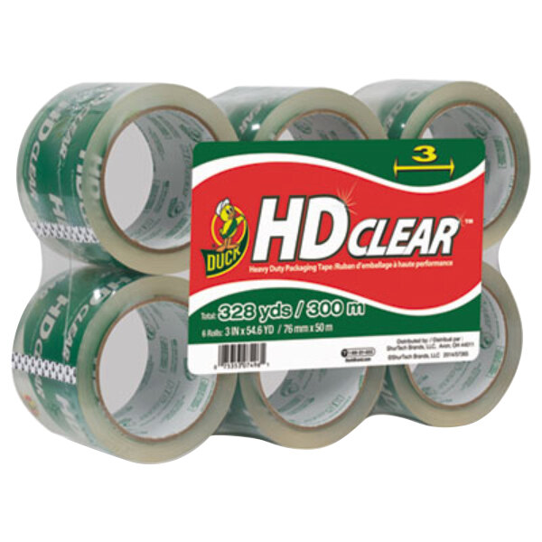 A package of 6 clear duck® heavy-duty carton packaging tape rolls.
