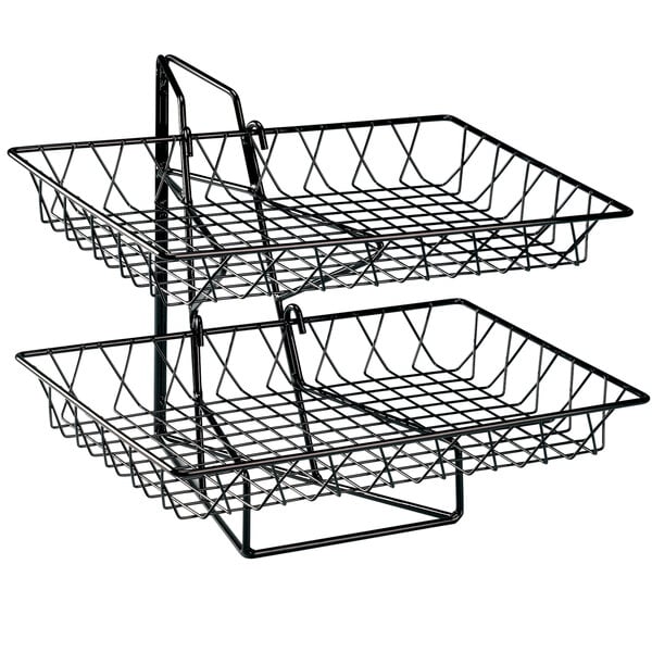 A Cal-Mil two tier wire basket rack on a counter.