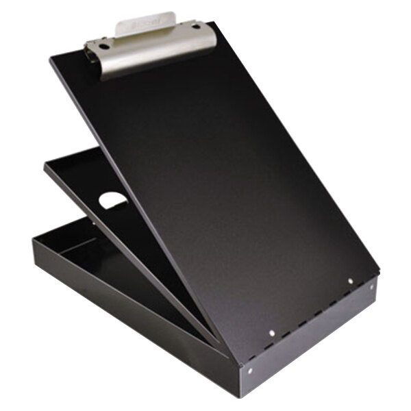 A black aluminum Saunders Cruiser Mate storage clipboard with a silver metal clip.