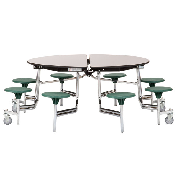 A National Public Seating round cafeteria table with stools on wheels.