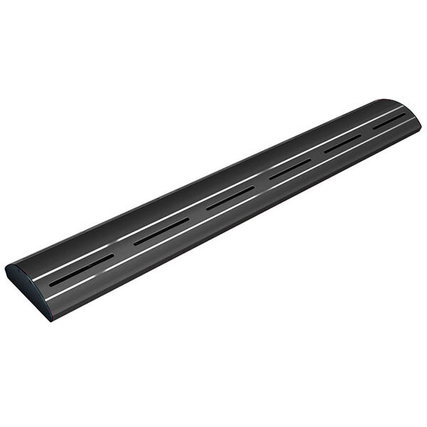 A long black metal beam with a curved black rectangular top and LED lights.