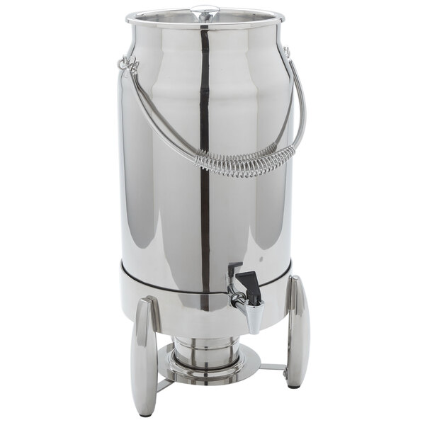 An American Metalcraft stainless steel coffee urn with a handle and hose.