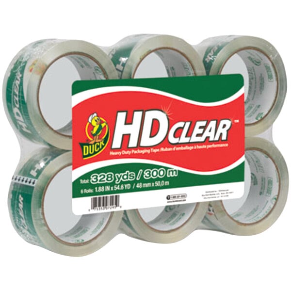 A group of Duck HD Clear packaging tape rolls.
