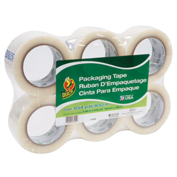 A pack of 6 Duck Brand clear commercial grade packaging tape rolls. The packaging has a green and white label with a logo of a duck.