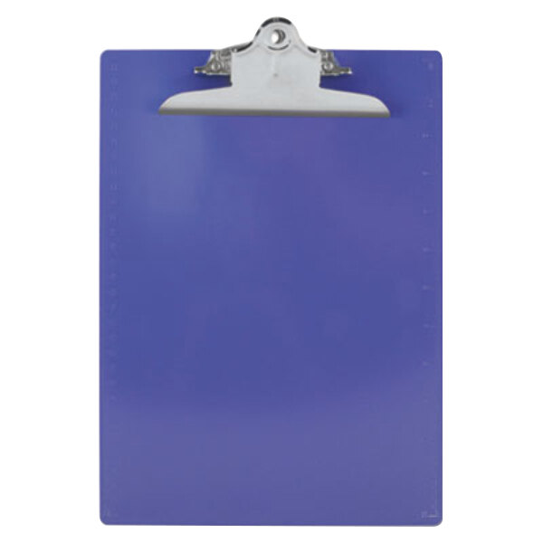 A purple clipboard with a metal clip and ruler edge.