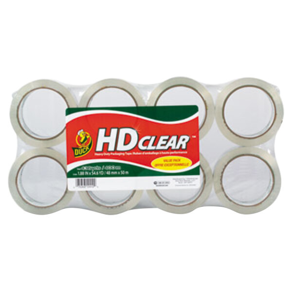 A pack of 8 Duck HD Clear tape rolls. Each roll has a label reading "Duck HD Clear Tape".