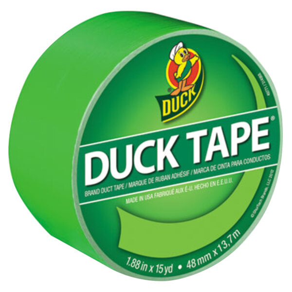 A neon green Duck Tape roll with white text.