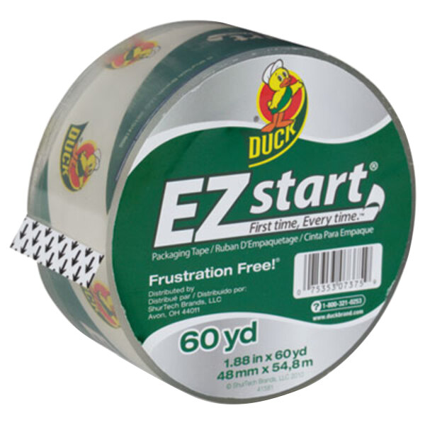 A roll of Duck brand clear EZ Start premium packaging tape with green and white text and a logo of a duck.