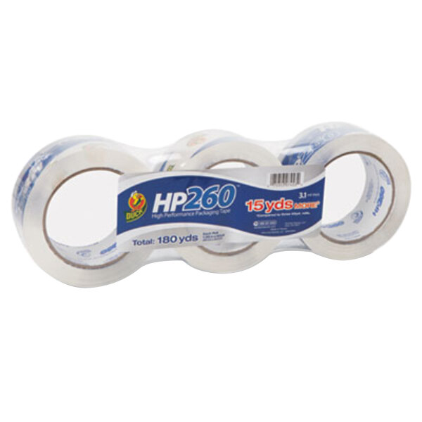 A pack of three clear Duck Tape rolls with a blue HP260 label.