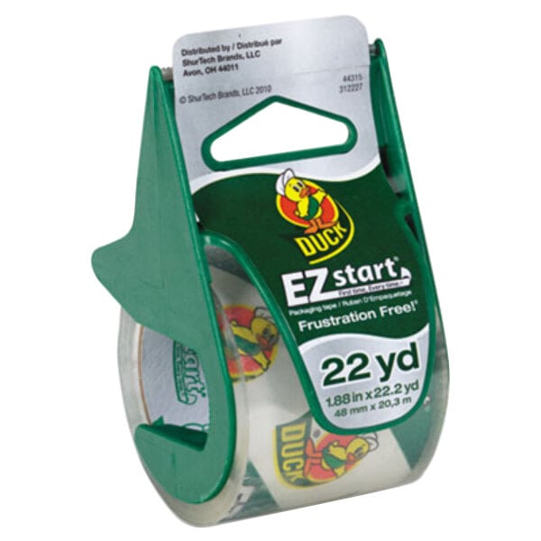 A roll of Duck brand clear EZ Start tape with a green label and a clear dispenser.