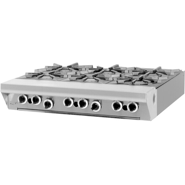 A Garland Master Series stainless steel gas range with six burners.