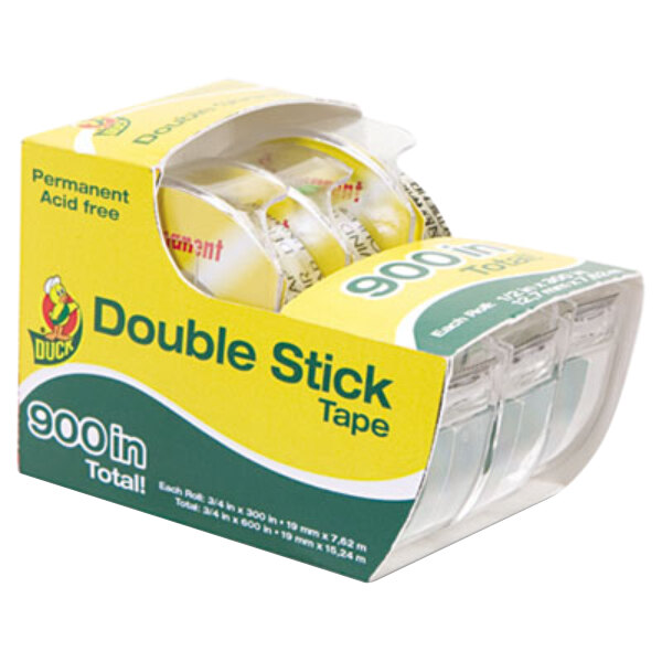A close-up of a yellow and green package of Duck brand clear permanent double-stick tape with a yellow label.