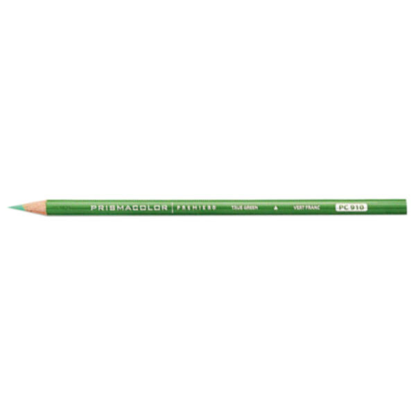 A Prismacolor True Green colored pencil with white writing on it.