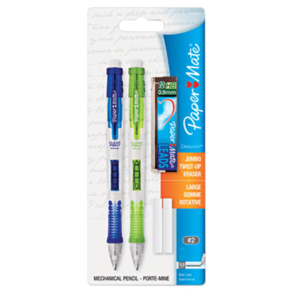 A package of two Paper Mate Clear Point mechanical pencils with lime green and royal blue barrels.